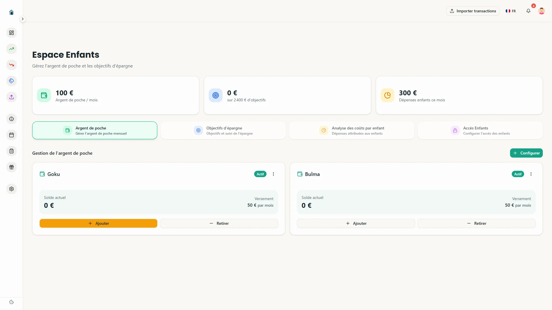 Gestion de l'argent de poche - bouton ajouter une transaction