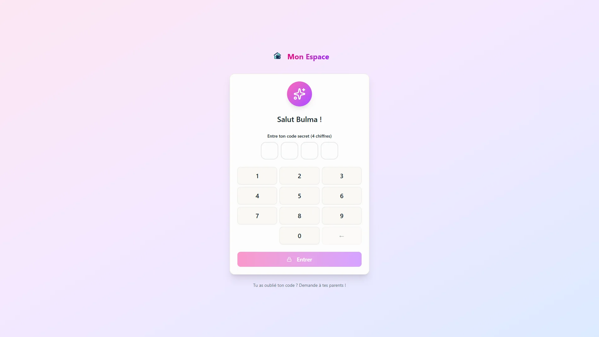 Child login page with PIN keypad