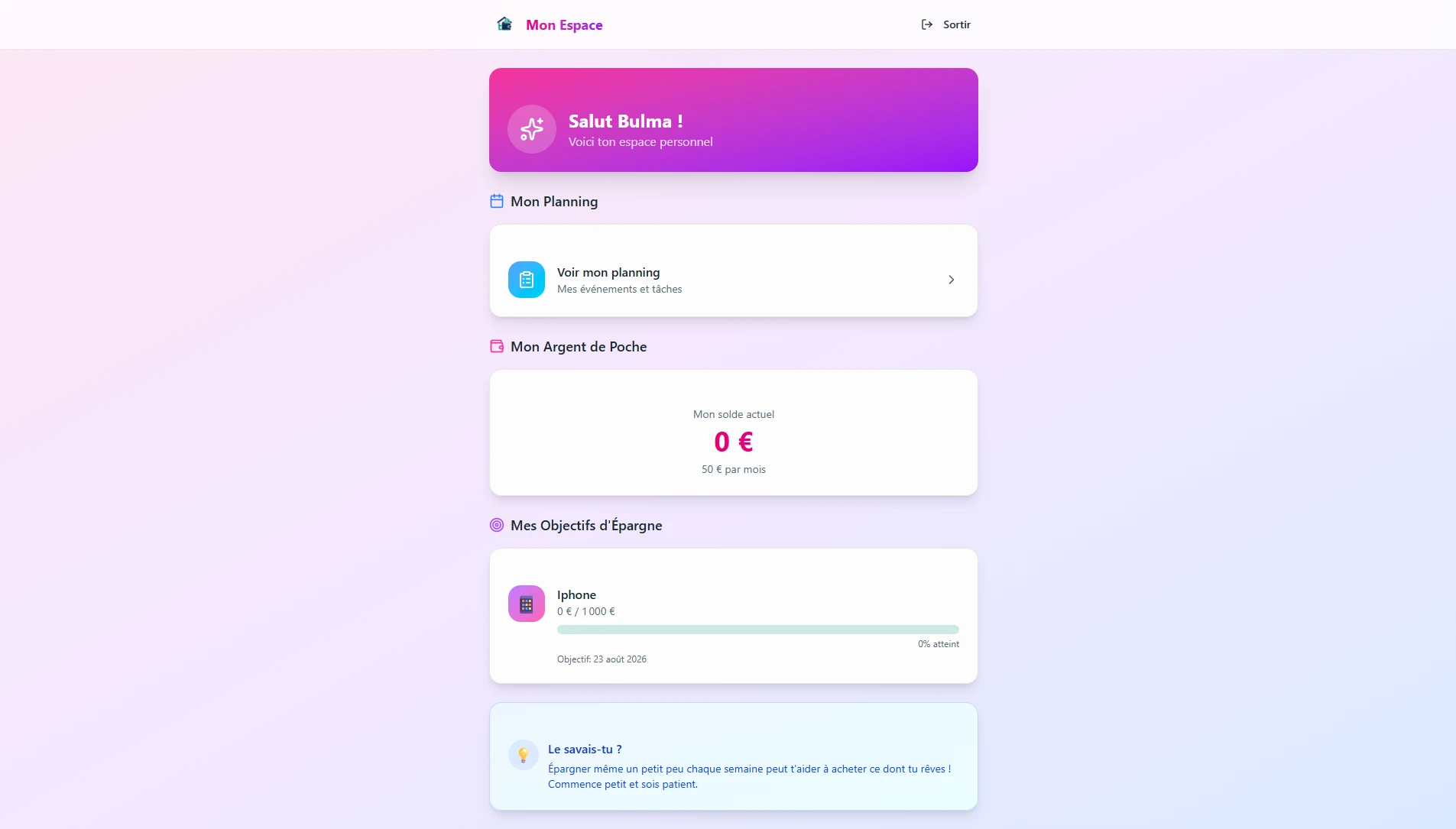 Child dashboard - My Space