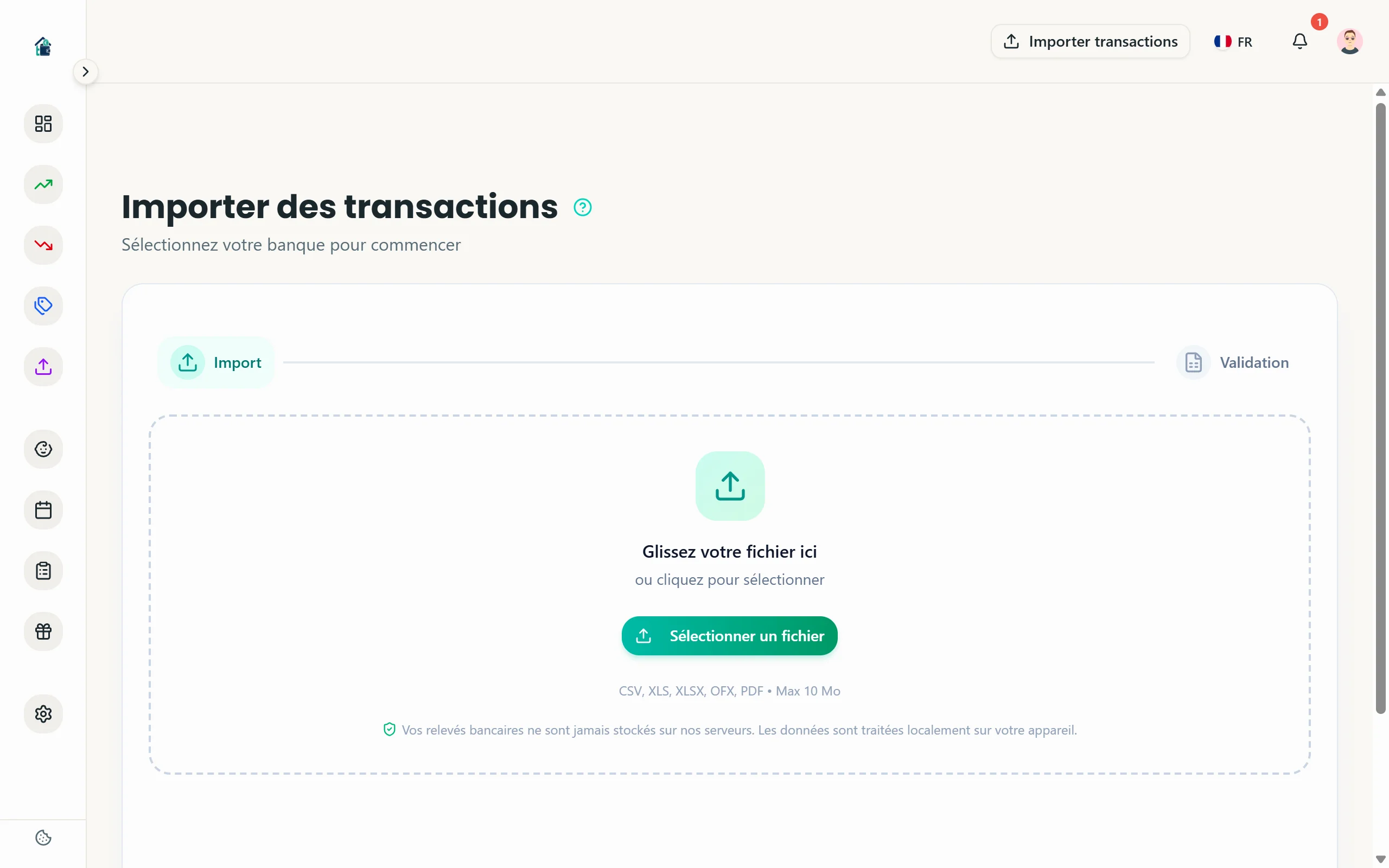 Import page with file upload zone